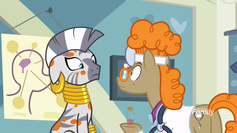 Size: 1920x1080 | Tagged: safe, derpibooru import, screencap, doctor muffin top, zecora, earth pony, pony, zebra, a health of information, clothes, glasses, plot, stare, stethoscope, swamp fever, test tube