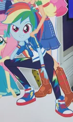 Size: 977x1622 | Tagged: safe, derpibooru import, applejack, fluttershy, pinkie pie, rainbow dash, sci-twi, twilight sparkle, equestria girls, equestria girls series, boots, cardboard cutout, clothes, converse, cowboy boots, cropped, denim skirt, geode of super speed, geode of super strength, jacket, looking at you, magical geodes, offscreen character, pants, shoes, skirt, smiling, sneakers