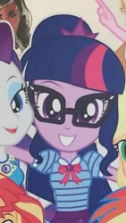 Size: 513x910 | Tagged: safe, derpibooru import, screencap, applejack, pinkie pie, rainbow dash, rarity, sci-twi, sunset shimmer, twilight sparkle, equestria girls, equestria girls series, cardboard cutout, cardboard twilight, clothes, cropped, geode of shielding, geode of telekinesis, glasses, looking at you, magical geodes, ponytail, smiling