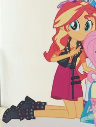 Size: 1025x1358 | Tagged: safe, derpibooru import, fluttershy, rarity, sunset shimmer, equestria girls, equestria girls series, boots, cardboard cutout, clothes, cropped, geode of empathy, geode of shielding, high heel boots, jacket, looking at you, magical geodes, offscreen character, shoes, skirt, smiling