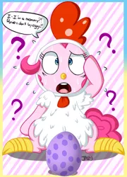 Size: 420x583 | Tagged: animal costume, artist:pokumii, artist:the smiling pony, chicken, chicken pie, chicken suit, clothes, costume, derpibooru import, dialogue, edit, egg, how, luna eclipsed, open mouth, oviposition, pinkie logic, pinkie pie, question mark, safe, solo, spike's egg, sweat