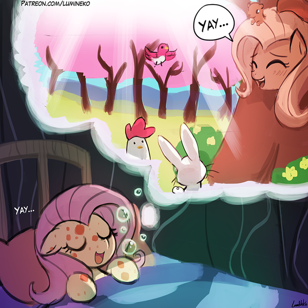 Size: 750x750 | Tagged: safe, artist:lumineko, derpibooru import, angel bunny, fluttershy, bird, chicken, pony, a health of information, bubble, crepuscular rays, cute, dendrification, dialogue, dream, eyes closed, female, fluttertree, flutteryay, i'd like to be a tree, mare, shyabetes, sick, sleeping, speech bubble, spots, swamp fever, yay