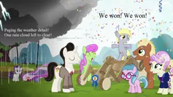 Size: 1280x720 | Tagged: blue lily, cart, confetti, derpibooru import, derpy hooves, edit, edited screencap, female, filly, filly derpy, filly rarity, meadow song, medallion gold, merry may, rain, rarity, rosetta, safe, screencap, text, the cart before the ponies, younger