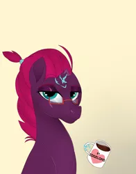 Size: 1061x1352 | Tagged: alternate hairstyle, artist:chroniqlo, broken horn, coffee, coffee mug, derpibooru import, eye scar, glasses, hair tie, levitation, looking at you, magic, mug, my little pony: the movie, ponytail, safe, scar, simple background, solo, sparking horn, telekinesis, tempest shadow