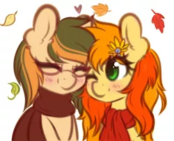 Size: 3180x2578 | Tagged: safe, artist:fluffymaiden, derpibooru import, oc, oc:fall fable, oc:maple floret, unofficial characters only, earth pony, pony, clothes, female, glasses, leaves, lesbian, oc x oc, scarf, shipping, smiling