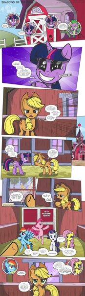 Size: 893x3074 | Tagged: safe, artist:perfectblue97, derpibooru import, applejack, fluttershy, pinkie pie, rainbow dash, rarity, spike, twilight sparkle, dragon, pony, comic:shadows of the past, apple, apple tree, bandage, barn, comic, floppy ears, food, mane six, royal guard, sweet apple acres, tree