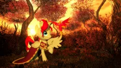 Size: 1920x1080 | Tagged: safe, artist:powdan, derpibooru import, philomena, sunset shimmer, alicorn, phoenix, pony, 3d, alicornified, autumn, clothes, dress, female, gmod, mare, race swap, red, shimmercorn, sunset shimmer day, tree, yellow
