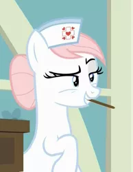 Size: 697x899 | Tagged: a flurry of emotions, derpibooru import, lidded eyes, nurse redheart, out of context, safe, screencap, tongue depressor