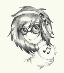 Size: 1734x1990 | Tagged: alternative cutie mark placement, artist:xxsilvixx, bust, cutie mark, cutie mark on human, derpibooru import, glasses, grin, headphones, human, humanized, monochrome, portrait, safe, signature, simple background, smiling, solo, traditional art, vinyl scratch, white background