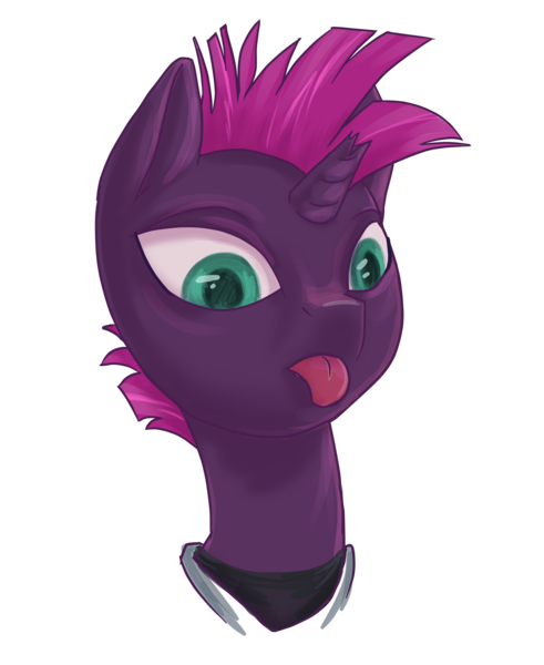 Size: 1800x2200 | Tagged: safe, artist:kovoranu, derpibooru import, tempest shadow, pony, my little pony: the movie, broken horn, bust, portrait, silly, silly pony, simple background, solo, tongue out, transparent background