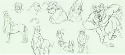 Size: 10864x4824 | Tagged: absurd resolution, artist:earthsong9405, broken horn, centaur, derpibooru import, description is relevant, grayscale, headcanon, horn, long description, monochrome, oc, pencil drawing, realistic, realistic anatomy, safe, sketch, sketch dump, traditional art, unofficial characters only