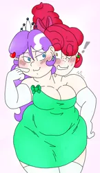 Size: 1301x2249 | Tagged: safe, artist:blackbewhite2k7, derpibooru import, apple bloom, diamond tiara, human, beehive hairdo, blushing, chubby, clothes, commission, conjoined, diamondbloom, dress, ear piercing, earring, exclamation point, fat, female, fusion, hair over eyes, heart, hilarious in hindsight, humanized, jewelry, lesbian, multiple heads, obese, overweight, piercing, shipping, two heads