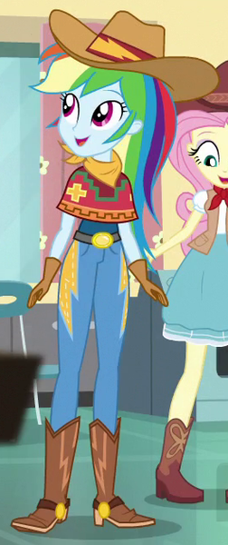 Size: 265x630 | Tagged: safe, derpibooru import, screencap, fluttershy, rainbow dash, dance magic, equestria girls, spoiler:eqg specials, belt, belt buckle, blouse, boots, clothes, cowboy boots, cowboy hat, cowgirl, cowgirl outfit, cropped, cute, dashabetes, gloves, hat, imagine spot, jeans, open mouth, pants, shoes, skirt, stetson, vest