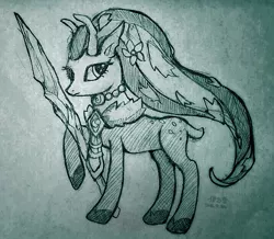 Size: 503x439 | Tagged: safe, derpibooru import, ponified, deer, deer pony, original species, pony, flower, flower in hair, heroes of the storm, horns, jewelry, lunara, necklace, photo, solo, spear, traditional art, weapon