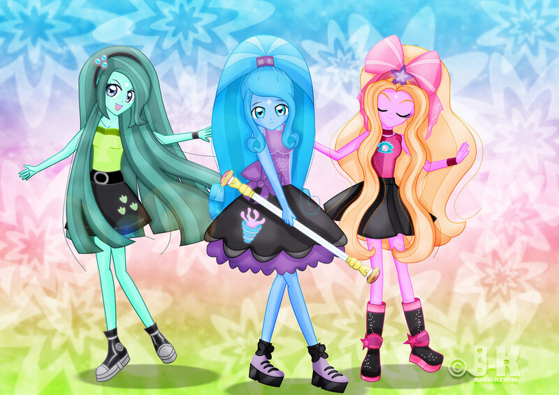 Size: 1600x1131 | Tagged: safe, artist:jotakaanimation, artist:jucamovi1992, derpibooru import, oc, oc:aglaope, oc:piscis, oc:radne, oc:the dark stars, unofficial characters only, equestria girls, clothes, simple background