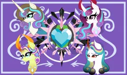 Size: 2010x1200 | Tagged: artist:owocrystalcatowo, bust, changepony, cousins, derpibooru import, female, half-siblings, mare, oc, oc:rose heart, oc:shy heart, oc:sky heart, oc:sweet heart, parent:king sombra, parent:oc:crystal heart, parent:pound cake, parent:princess flurry heart, parents:poundflurry, parent:thorax, portrait, safe, unofficial characters only