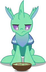 Size: 5358x8273 | Tagged: absurd resolution, artist:chrzanek97, changeling, derpibooru import, food, looking down, safe, simple background, sitting, solo, soup, soupling, to change a changeling, transparent background, vector