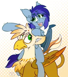 Size: 1406x1575 | Tagged: safe, artist:ralek, derpibooru import, oc, oc:blue bat, oc:ember burd, unofficial characters only, bat pony, gryphon, abstract background, bat wings, colored wings, cute, eared griffon, eyeroll, fangs, gradient wings, pointing, ponies riding griffons, riding, size difference