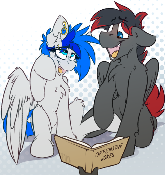 Size: 1800x1906 | Tagged: safe, artist:ralek, derpibooru import, oc, oc:brimstone, oc:sapphire sights, unofficial characters only, pegasus, pony, abstract background, book, crying, joke book, laughing, open mouth, sitting, tears of laughter