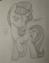 Size: 1617x2048 | Tagged: safe, artist:kalyandra, derpibooru import, starlight glimmer, pony, unicorn, alcohol, dialogue, glass, monochrome, sketch, solo, traditional art