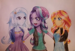 Size: 1024x703 | Tagged: safe, artist:rina-senpai, derpibooru import, starlight glimmer, sunset shimmer, trixie, equestria girls, beanie, clothes, counterparts, hat, looking at each other, traditional art, trio, twilight's counterparts