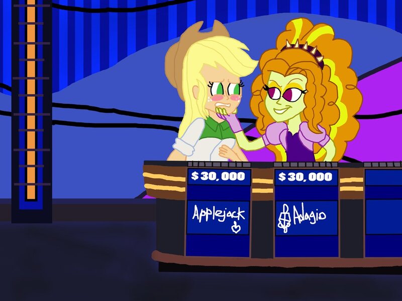 Size: 1032x774 | Tagged: safe, artist:bigpurplemuppet99, derpibooru import, adagio dazzle, applejack, equestria girls, dazzlejack, female, jeopardy, lesbian, shipping