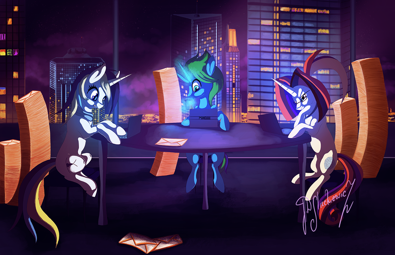 Size: 1300x840 | Tagged: safe, artist:shivannie, derpibooru import, oc, oc:arcane gear, oc:condonie, unofficial characters only, unicorn, city, cityscape, commission, computer, envelope, laptop computer, mug, night, table