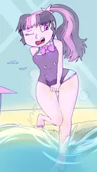 Size: 981x1745 | Tagged: suggestive, artist:lawrence alpaca, derpibooru import, twilight sparkle, equestria girls, accident, beach, breasts, clothes, female, fetish, need to pee, omorashi, pissing, pissing in water, potty dance, potty time, solo, swimsuit, urine, water, watersports, wetting