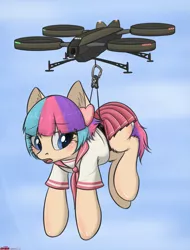Size: 1757x2316 | Tagged: safe, artist:orang111, derpibooru import, oc, oc:sugar muffin, unofficial characters only, earth pony, pony, carrying, clothes, drone, hanging, panties, school uniform, shirt, skirt, skirt lift, solo, striped underwear, underwear