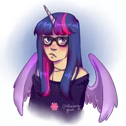 Size: 960x957 | Tagged: alicorn, artist:blueberry-ghost, blushing, clothes, derpibooru import, female, glasses, horned humanization, human, humanized, looking at you, off shoulder, safe, solo, twilight sparkle, twilight sparkle (alicorn), winged humanization, wings