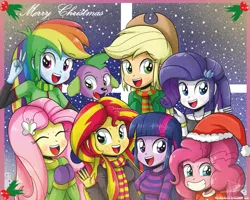 Size: 1259x1007 | Tagged: safe, artist:the-butch-x, derpibooru import, applejack, fluttershy, pinkie pie, rainbow dash, rarity, spike, sunset shimmer, twilight sparkle, twilight sparkle (alicorn), dog, equestria girls, applejack's hat, blushing, christmas, clothes, cowboy hat, cute, dashabetes, diabetes, diapinkes, eyes closed, female, grin, group photo, hat, holiday, humane seven, jackabetes, looking at you, male, mane seven, mane six, mittens, open mouth, peace sign, raribetes, santa hat, scarf, shimmerbetes, shyabetes, smiling, snow, snowfall, spikabetes, spike the dog, sweater, sweatershy, twiabetes, window