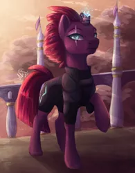Size: 1250x1600 | Tagged: safe, artist:alina-sherl, derpibooru import, tempest shadow, pony, my little pony: the movie, broken horn, eye scar, female, horn, looking at you, mare, raised hoof, scar, solo, sparking horn