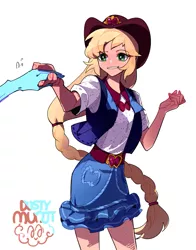 Size: 991x1263 | Tagged: safe, artist:dusty-munji, derpibooru import, applejack, rainbow dash, dance magic, equestria girls, spoiler:eqg specials, appledash, belt, belt buckle, blushing, clothes, cowboy hat, cowgirl, dancing, denim skirt, female, hat, holding hands, lesbian, offscreen character, shipping, simple background, skirt, vest, white background