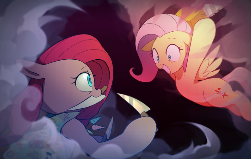 Size: 1186x752 | Tagged: semi-grimdark, artist:maren, derpibooru import, fluttershy, pinkie pie, earth pony, pegasus, pony, .mov, fanfic:cupcakes, shed.mov, chainsaw, clothes, creepy, creepy smile, dress, fight, knife, looking at each other, pinkamena diane pie, smiling