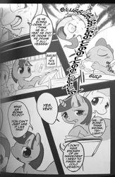 Size: 1200x1844 | Tagged: aphrodisiac, artist:kmart0614, black and white, comic, comic:dragonshy, derpibooru import, dialogue, dragon, fluttershy, grayscale, ichiba, monochrome, nervous, safe, spike, twilight sparkle