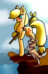 Size: 440x680 | Tagged: safe, artist:the-75th-hunger-game, derpibooru import, applejack, winona, dog, earth pony, pony, bindle, blushing, ear fluff, flower, freckles, hatless, missing accessory, ocean, poppy, rock, solo, tarot, tarot card, the fool