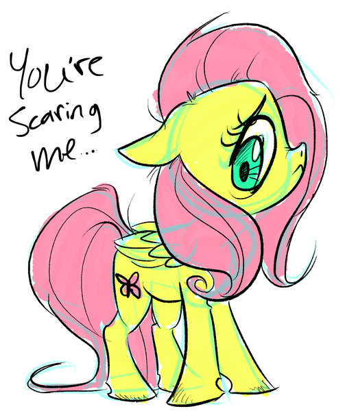 Size: 1984x2368 | Tagged: safe, artist:themarquisofdorks, derpibooru import, fluttershy, colored sketch, dialogue, floppy ears, folded wings, looking away, looking down, profile, simple background, solo, standing, white background, wings