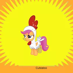 Size: 1024x1024 | Tagged: animal costume, artist:shadowdark3, chicken suit, clothes, costume, cute, cutealoo, derpibooru, derpibooru import, happy, meta, safe, scootachicken, scootaloo, solo, spoilered image joke