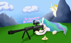 Size: 1000x606 | Tagged: artist:rekkin-ponymode, barrett, canterlot, derpibooru import, my wings are so pretty, princess celestia, prone, safe, solo, weapon