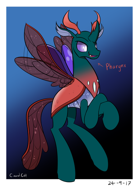 Size: 1200x1600 | Tagged: artist:ask-scifresh-pony, artist:casualcolt, changedling, changeling, crossed hooves, derpibooru import, male, pharynx, prince pharynx, safe, smiling, solo, spread wings, to change a changeling, wings