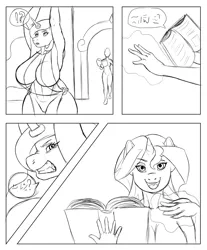 Size: 2500x3025 | Tagged: anthro, armpits, arms in the air, artist:megablack0x, bondage, breasts, busty princess celestia, comic, comic:change in management, commission, derpibooru import, horn ring, magic suppression, plantigrade anthro, princess celestia, suggestive, sunset shimmer