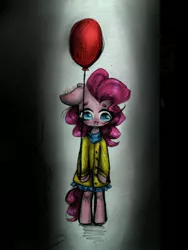 Size: 810x1080 | Tagged: artist:zefirka, derpibooru import, it, pinkie pie, red balloon, safe, simple background, solo