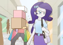 Size: 3024x2150 | Tagged: safe, artist:howxu, derpibooru import, rarity, oc, oc:generic messy hair anime anon, equestria girls, clothes, commission, glasses, mall, pants, purse, shopping, shopping bags, skirt, solo, struggling