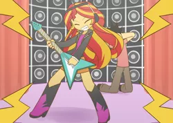 Size: 1512x1075 | Tagged: safe, artist:howxu, derpibooru import, sunset shimmer, oc, oc:generic messy hair anime anon, equestria girls, clothes, commission, cute, electric guitar, eyes closed, guitar, headphones, jacket, leather jacket, loud, pants, rocking out, shimmerbetes, skirt, solo, speakers, sunset shredder