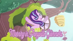 Size: 1366x768 | Tagged: safe, derpibooru import, edit, edited screencap, screencap, starlight glimmer, pony, unicorn, magical mystery cure, beehive, caption, female, golden oaks library, happy, library, looking up, mare, morning in ponyville, reaching, reaching out, singing, smiling, solo, sparkles, sparkling, tree, weather vane, window