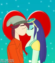 Size: 2351x2687 | Tagged: safe, artist:cyber-murph, derpibooru import, blueberry cake, normal norman, equestria girls, background human, beanie, couple, eyes closed, female, hat, heart, kissing, love, male, normalcake, shipping, signature, straight, sunglasses