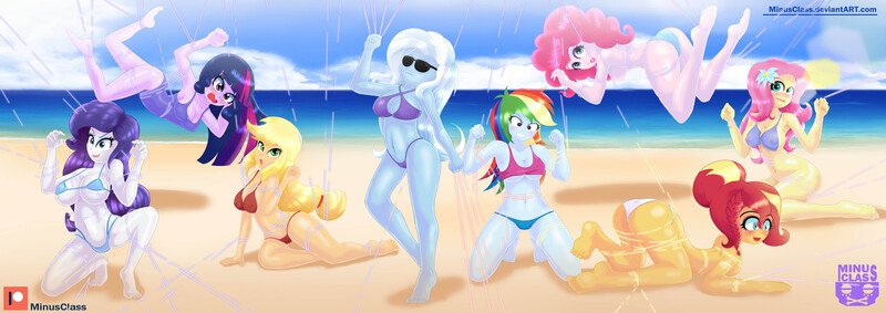 Size: 4296x1518 | Tagged: questionable, artist:minusclass, derpibooru import, applejack, fluttershy, pinkie pie, rainbow dash, rarity, sunset shimmer, trixie, twilight sparkle, equestria girls, alternate hairstyle, areola, areola slip, armpits, ass, balloonbutt, barefoot, beach, beach babe, belly button, bikini, bikini babe, bikini bottom, bikini top, blue swimsuit, blushing, bondage, bottomless, braid, breasts, bun, bunset shimmer, busty applejack, busty fluttershy, busty pinkie pie, busty rainbow dash, busty rarity, busty trixie, busty twilight sparkle, cameltoe, cleavage, clothes, cloud, cross-popping veins, erect nipples, feet, feet tied, female, females only, flower, flower in hair, humane five, humane seven, humane six, kneeling, lens flare, magic abuse, nipple outline, nudity, ocean, one-piece swimsuit, open mouth, partial nudity, patreon, patreon logo, pink swimsuit, purple swimsuit, red swimsuit, ring, sand, sideboob, sky, soles, string bikini, summer, sunglasses, swimsuit, tangled up, thong swimsuit, tied up, topless, wall of tags, wardrobe malfunction, water, white swimsuit, wires