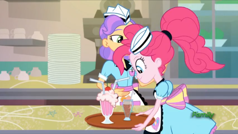 Size: 1024x576 | Tagged: safe, derpibooru import, screencap, pinkie pie, tip top, coinky-dink world, eqg summertime shorts, equestria girls, image, milkshake, png, server pinkie pie, tray