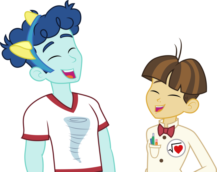 Size: 3775x3001 | Tagged: safe, artist:cloudyglow, derpibooru import, curly winds, some blue guy, wiz kid, equestria girls, rainbow rocks, background human, bowtie, clothes, eyes closed, laughing, male, shirt, simple background, transparent background, vector, wizwinds, wondercolts