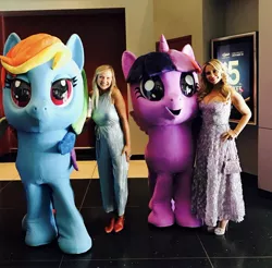 Size: 1963x1931 | Tagged: alicorn, ashleigh ball, derpibooru import, human, irl, meta, my little pony: the movie, photo, quadsuit, rainbow dash, safe, tara strong, twilight sparkle, twilight sparkle (alicorn), twitter, uncanny valley, with their characters